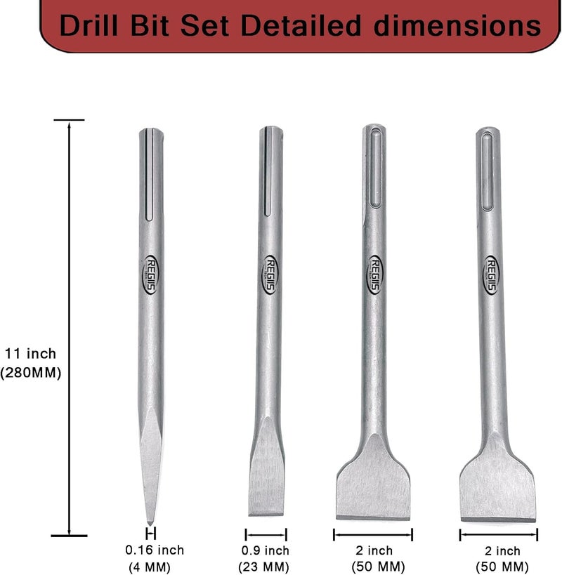 Regiis Tech 4 pcs SDS MAX 11 inch Chisel Set, Masonry Concrete Drill Bit Set, Tile Removal Chisel Bits for Rotary Hammer with Point Flat Tile Scraping Chisels - Image 2